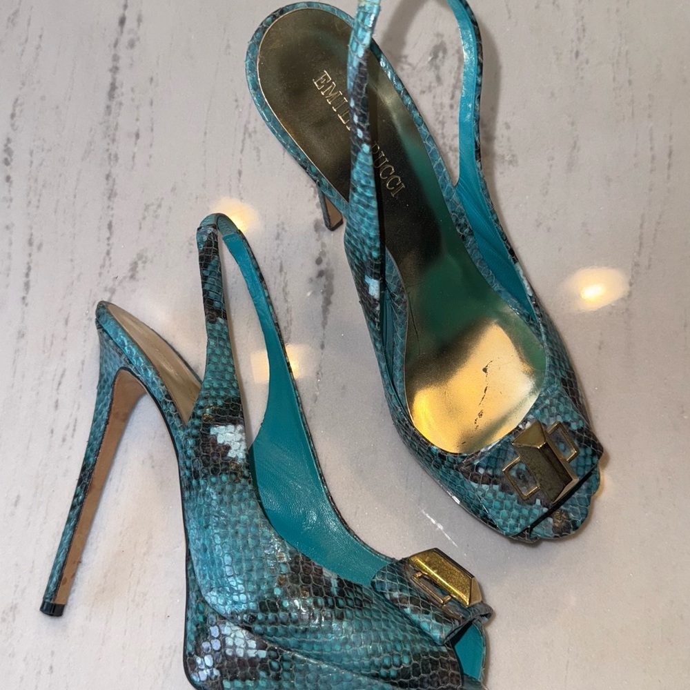 Emilio Pucci Teal Snake Print Women's Heels